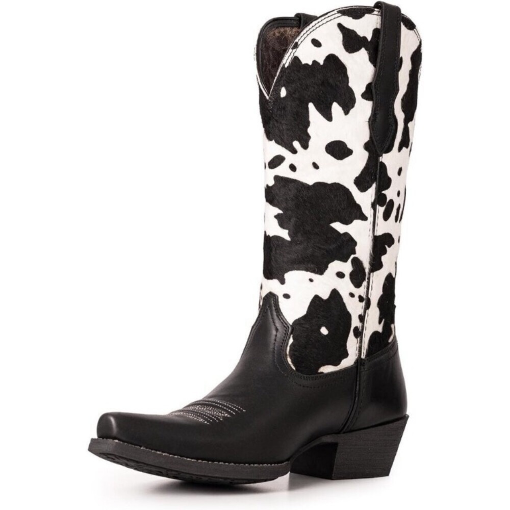 Women's Black The Western Wear Fashion Cow Print Cowgirl Low Heel Walking Boots